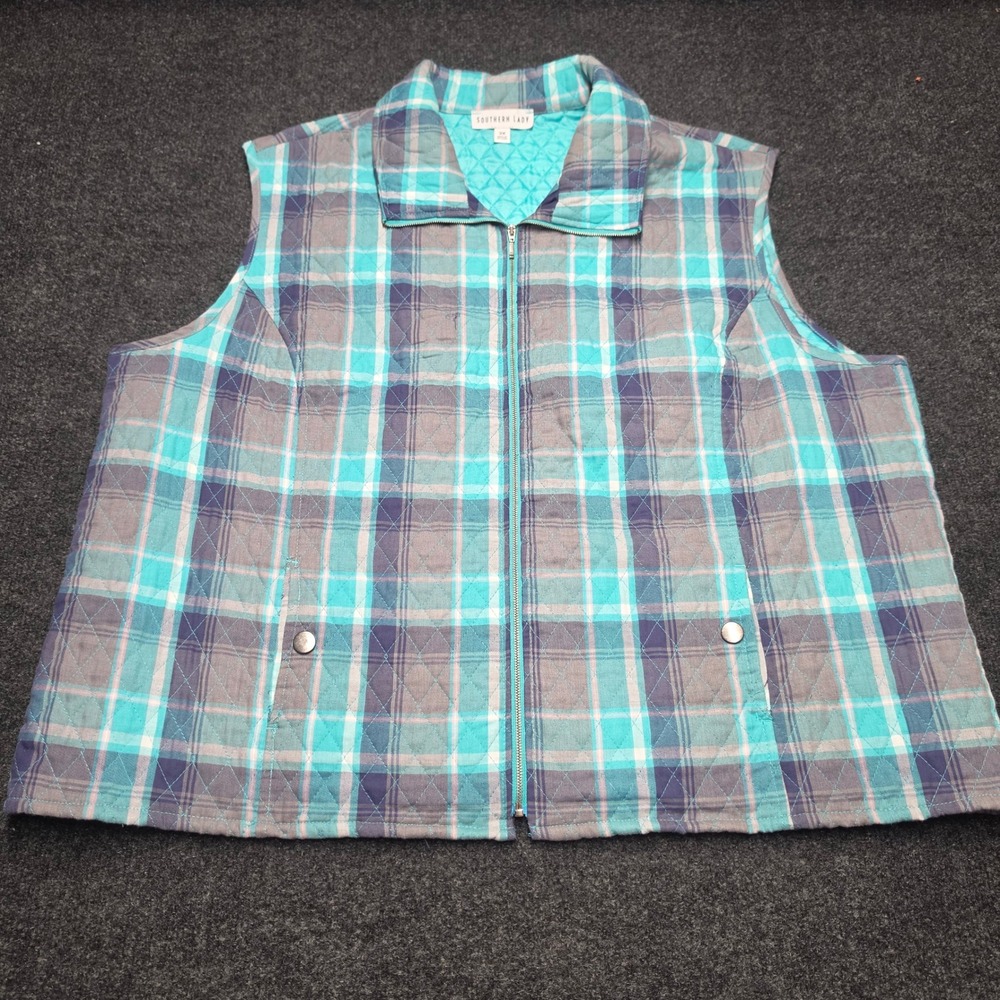 Southern Lady Quilted Plaid Vest Turquoise Grey Full Zip Pockets Plus Size 3X